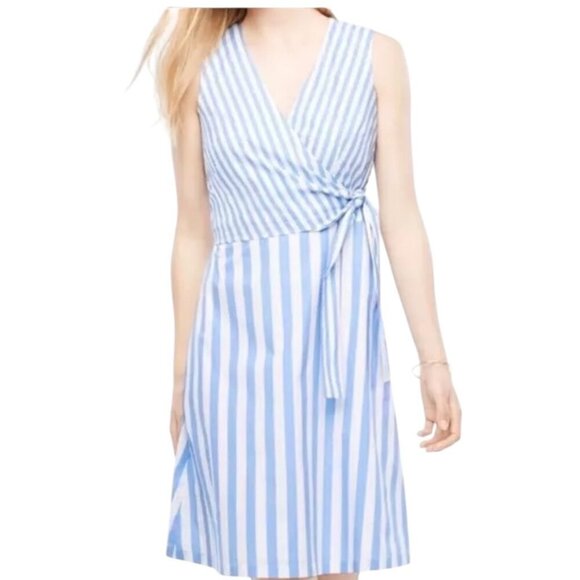 Ann Taylor Striped Poplin Wrap Dress, Blue White Women's Size 8 - Picture 1 of 12